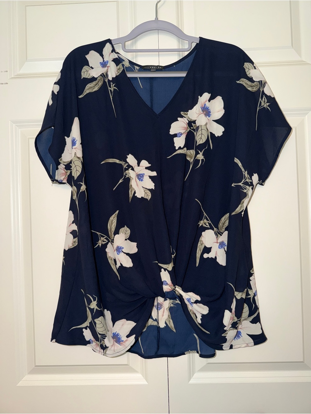 West Kei Navy Floral Twist-Front Blouse